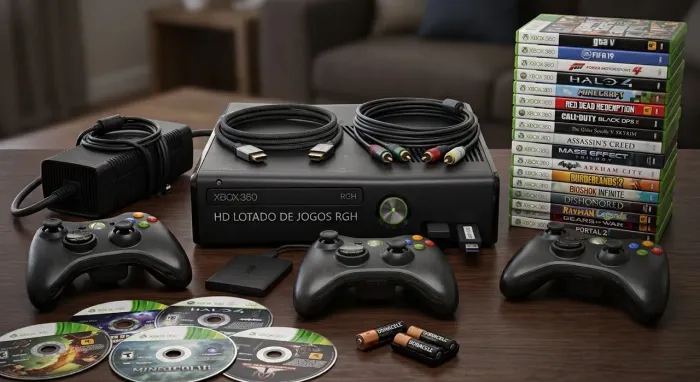 Xbox 360 Desbloqueado RGX / RGH + HD Lotado de Jogos + 2 Controles + Vários Jogos Físicos