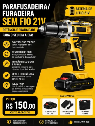 ? Parafusadeira/Furadeira Sem Fio 21V Bateria de Lítio - Nova