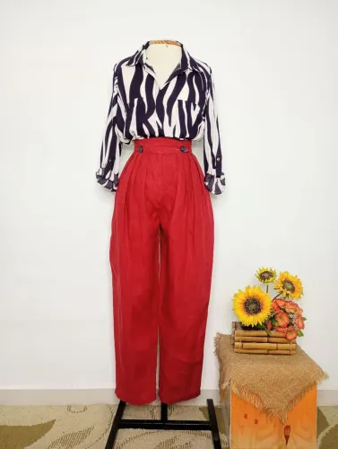 Calça Alfaiataria 100% Linho Vintage Cintura Alta 
