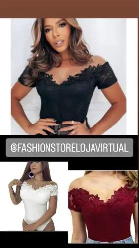 Body curto em renda preto, branco e bordo Tam único 