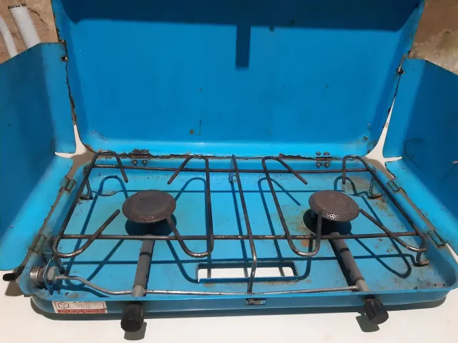 Fogão de acampamento portátil 2 bocas azul