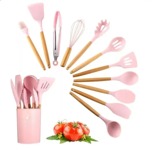 Kit Utensílios de Cozinha Silicone Rosa - 10 Peças