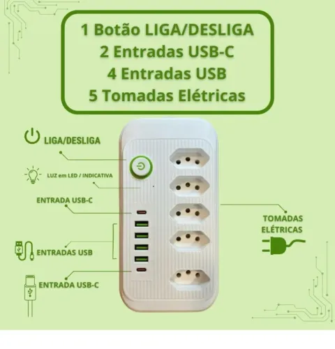 Tomada - Extensão com USB-C e USB