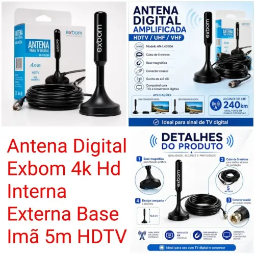 Antena Digital Exbom 4k Hd Interna Externa Base Imã 5m HDTV