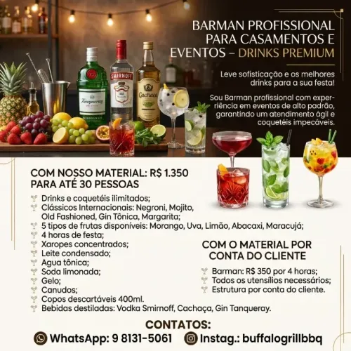Barman Open bar para Eventos - Profissional formado pelo Senac
