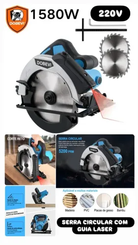 Serra Circular Profissional 1580W Dobevi com 2 Discos de corte Com Guia Laser 220V