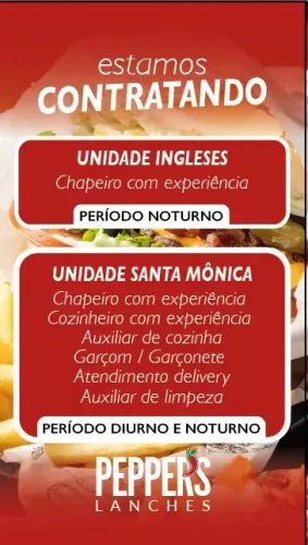 PEPPER'S CONTRATA: CHAPEIRO(A), COZINHEIRO, AUXILIAR DE COZINHA, GARÇOM, AUX. DE LIMPEZA
