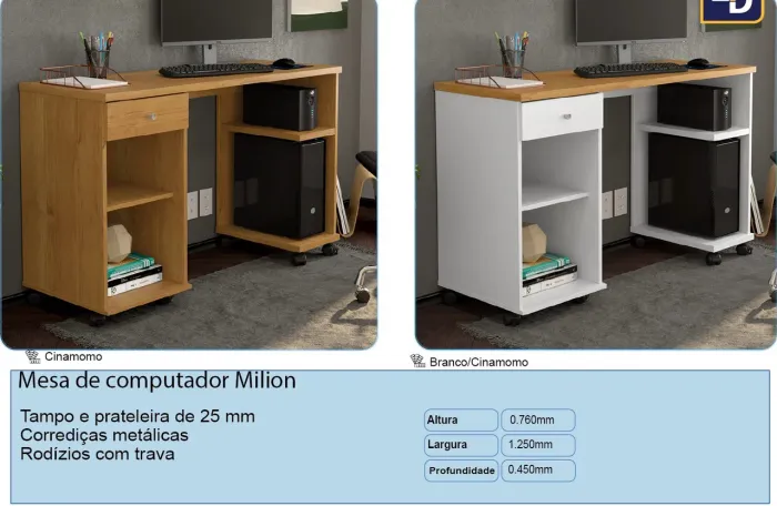 Mesa Office 1,25m com rodinhas - Promoção