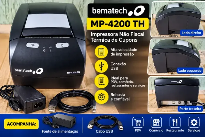 Impressora Térmica Bematech MP-4200 TH USB + Fonte e Cabo