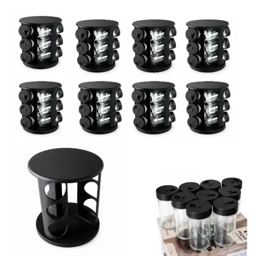 Kit com 8 porta temperos 9 potes de vidro preto