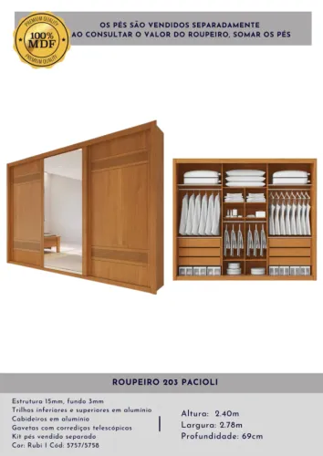 Roupeiro 203 Pacioli 100% MDF 2.78m
