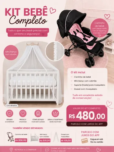Kit bebê (berço, dossel e carrinho de bebê)