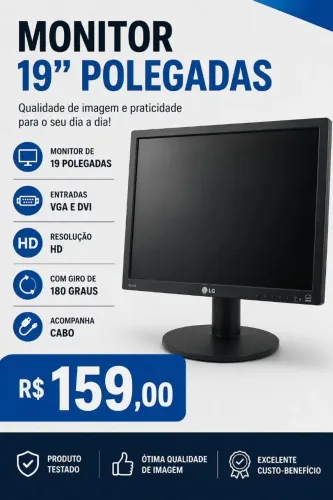 Monitor 19 polegadas tela gira 180 graus entrada vga e dvi 