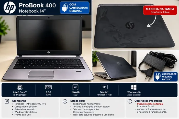 Notebook HP ProBook i5 | 8GB RAM | SSD 240GB | Carregador Original