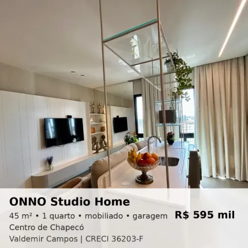 Apartamento mobiliado no ONNO STUDIO HOME, centrão de Chapecó, por R$ 595 mil