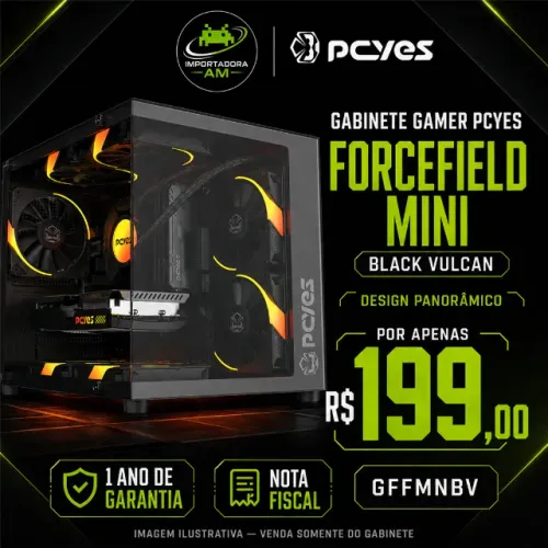 Gabinete Gamer PCYES Forcefield Mini Black Vulcan Panorâmico