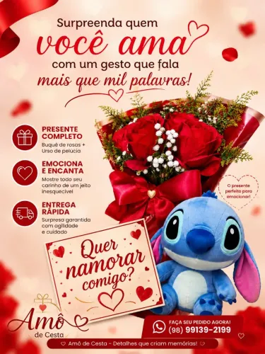 Pelúcia do Stitch Com Buquê de Rosas Vermelhas.