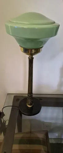 ART deco Luminária de mesa base mármore bronze maciço c/ opalina verde