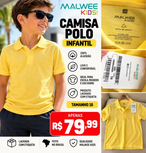 CAMISA POLO INFANTIL MALWEE KIDS | TAMANHO 16 | NOVA COM ETIQUETA