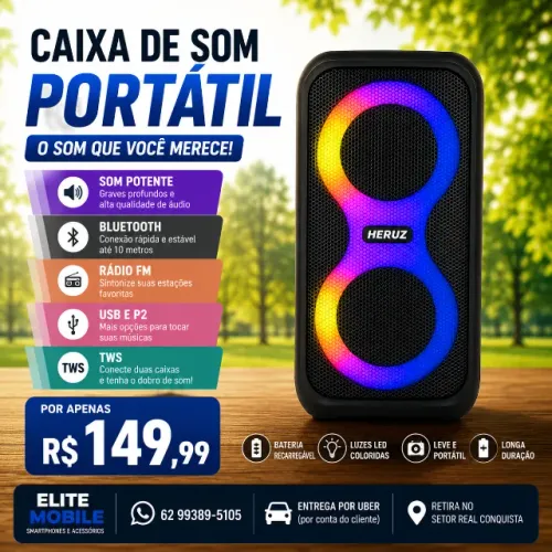 Caixa de Som Bluetooth Portátil Heruz LED RGB | USB, Rádio FM e TWS