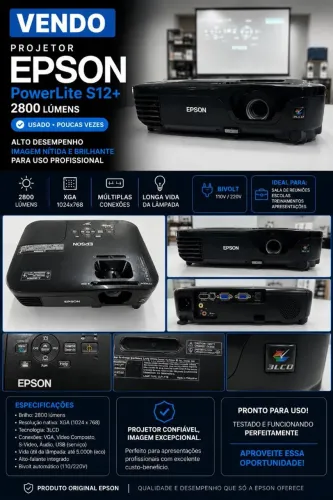 Projetor Epson PowerLite S12+ 2800 Lumens - Pouco Uso - Apenas 70 Horas