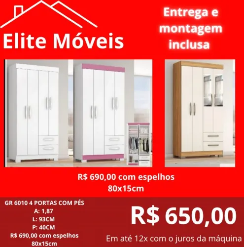650,00 Com a montagem e a entrega guarda roupa novo na caixa com garantia de fabrica.