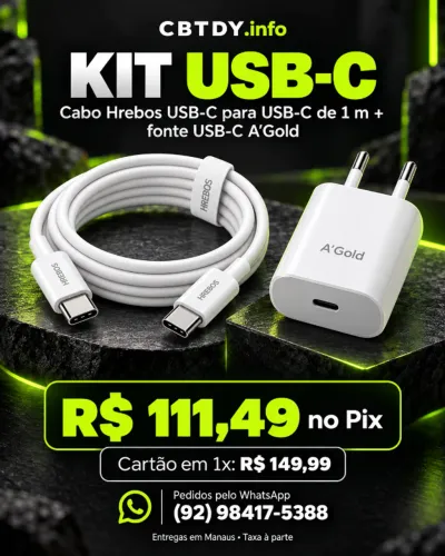Kit USB-C: cabo Hrebos + carregador A?Gold USB-C