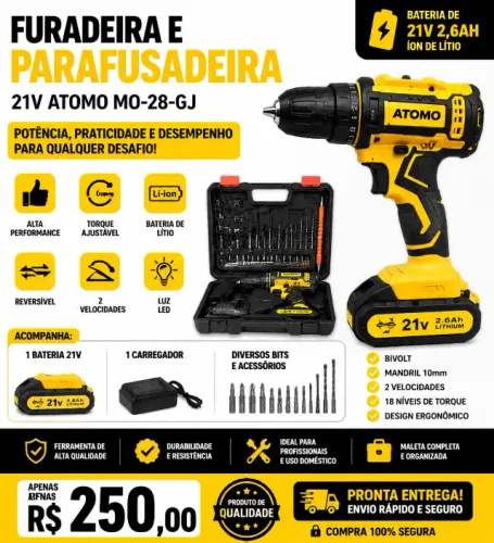 Furadeira Parafusadeira 21V Sem Fio com Bateria de Lítio + Maleta Completa