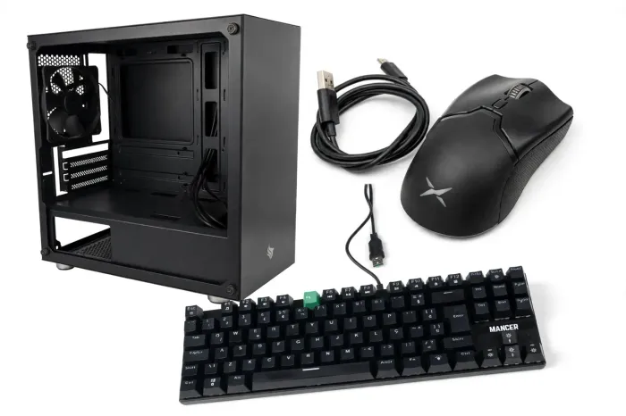 Gabinete Aquário pichau + mouse deluxe m800 (usb) + teclado mecanico com fio mancer.