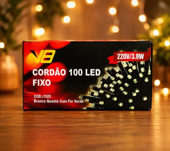 Cordão Fixo LED 100 Lâmpadas 10m Branco Quente Fio Verde 220V