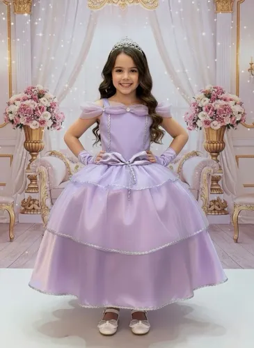 Vestido infantil princesa com luvas e saia de armação