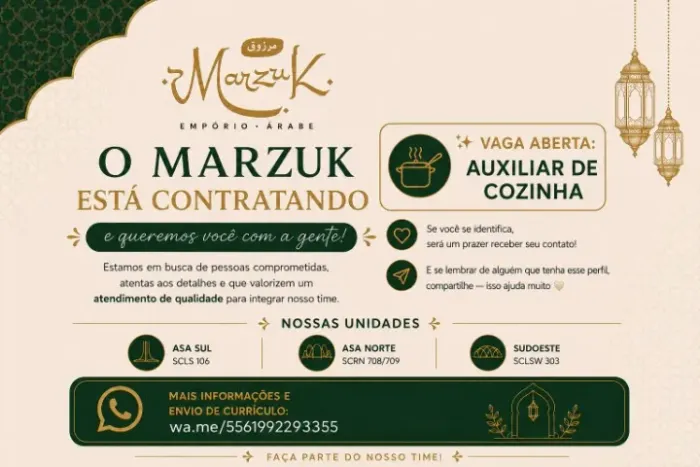 VAGA - AUXILIAR DE COZINHA -  Local de trabalho: Sudoeste | Asa Norte | Asa Sul - DF