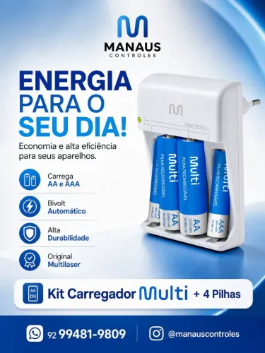 Carregador De Pilha Multilaser Aa/aaa + 2 Pilhas AA 2500Mah + 2 Pilhas AAA 1000Mah 