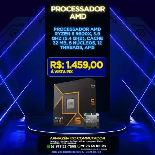 PROCESSADOR AMD RYZEN 5 9600X, 3.9 GHZ (5.4 GHZ), CACHE 32 MB, 6 NÚCLEOS, 12 THREADS, AM5