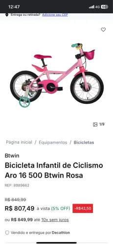 Bicicleta infantil marca Btwin aro 16 cor rosa
