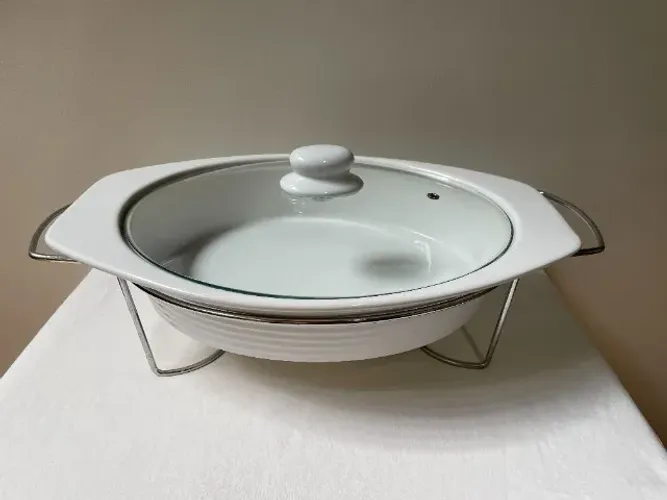 Panela Rechaud Porcelana com Tampa de Vidro e Suporte de Aço Inox