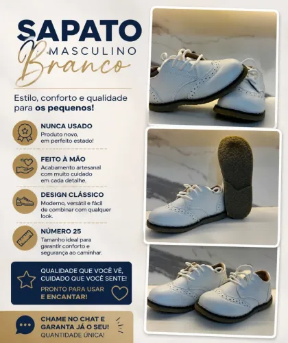 Sapato Infantil Masculino Branco Nº 25 | Novo | Feito à Mão