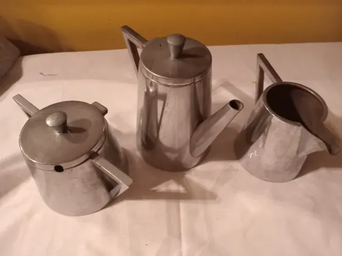 antigo trio café PORTO FERREIRA INOX bule leiteira AÇUCAREIRO antiguidades vintage