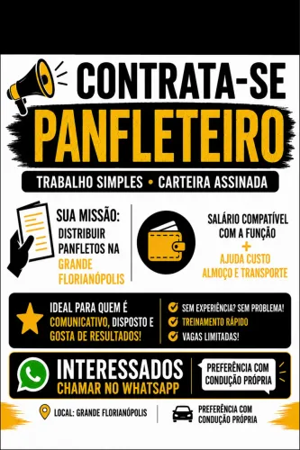 Vaga Panfleteiro - Carteira Assinada - R$ 2.000 + Benefícios