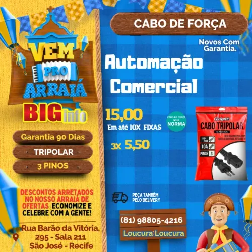 Cabo de Força Tripolar 3 Pinos 1,5m Bivolt Universal