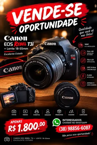 Vendo Canon EOS Rebel T3i (600D), 18MP, com lente Canon EF-S 18-55mm.