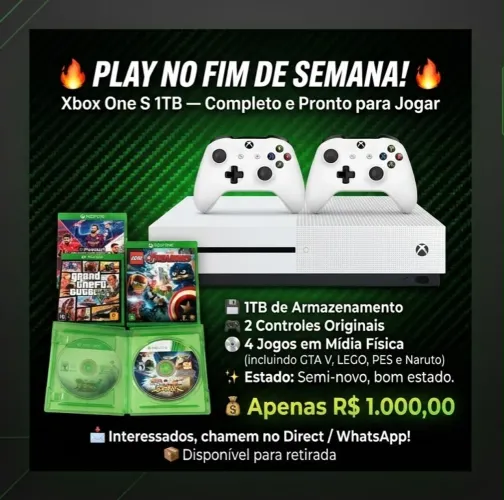 Xbox One S 1tb + 2 controles + 4 jogos