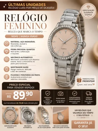 Relógio Feminino, com pulseira e ponteiros em prata, cor nude no mostrador.