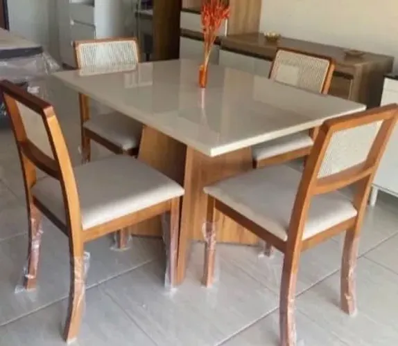 mesa de jantar 4 lugares rubi com tela tampo de vidro