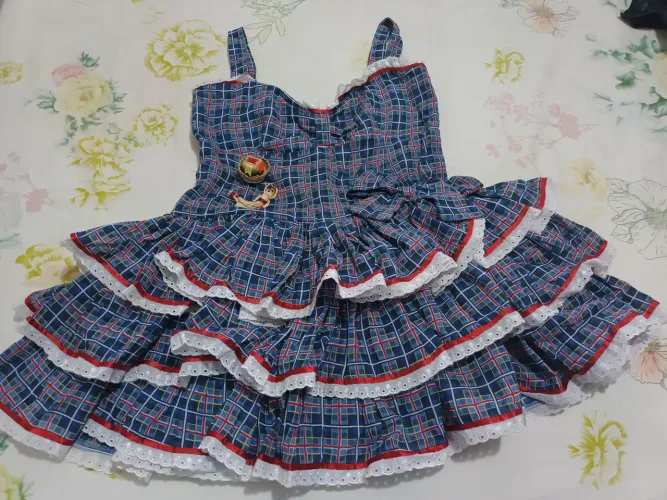 Vestido Xadrez azul com Babados