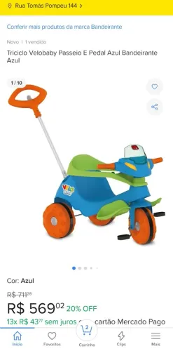 triciclo velobaby azul bandeirantes