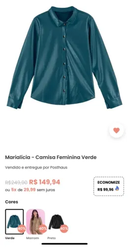 (NOVA!) Camisa Corino Sintético Azul Petróleo