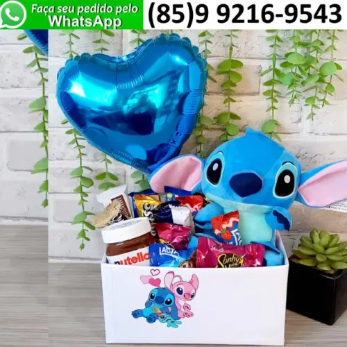 Kit Presente Namorados Namorada Esposa Lilo e Stitch Pelúcia Chocolates Nutella Balão Azul