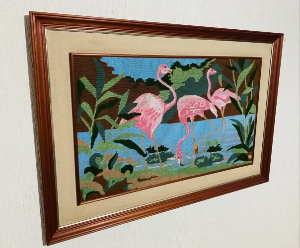 Tapeçaria Vintage Gigante Flamingos Anos 70/80 - Moldura Madeira 1.27m x 87cm