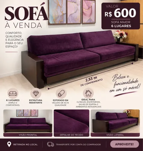 2 Sofás de Veludo Roxo - 6 e 5 Lugares - Excelente Estado